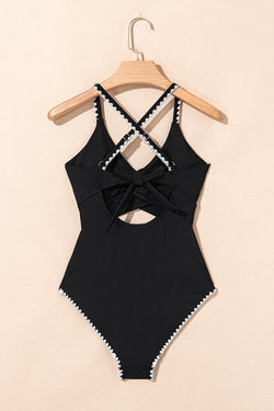 Black Ric Rac Trim Contrastato Patchwork Caltout One Piece Swimsuit