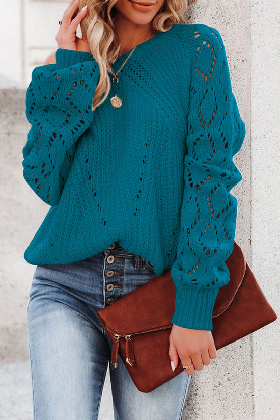 Blue-3 Hollow-Out Stupy Sleeve Knit Sweater