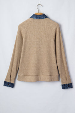 Beige Ribbed Knit Denim Patchwork Button Polo Collar Cuffed Long Sleeve Top