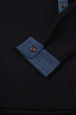 Black Ribbed Knit Contrast Denim Patchwork Hooded Long Sleeve Top