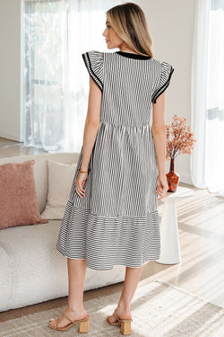 Brown Stripe Double Ruffled Short Sleeve Contrast Trim V Neck Midi Dress
