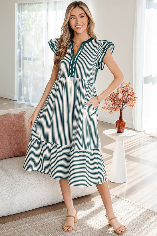 Brown Stripe Double Ruffled Short Sleeve Contrast Trim V Neck Midi Dress