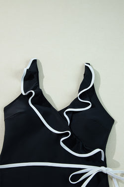 Contrasto di colore nero Blavola arricciata a V collo da bagno