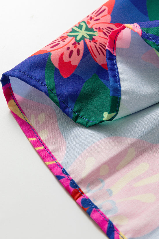 Vestido longo em camadas com estampa floral azul manga 3/4 com decote em V