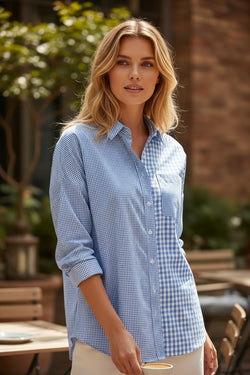 Patchwork plaid blu cielo abbottonata camicia a maniche lunghe *