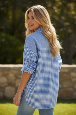 Patchwork plaid blu cielo abbottonata camicia a maniche lunghe *