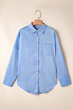 Patchwork plaid blu cielo abbottonata camicia a maniche lunghe *