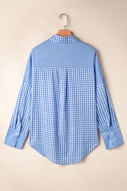 Patchwork plaid blu cielo abbottonata camicia a maniche lunghe *