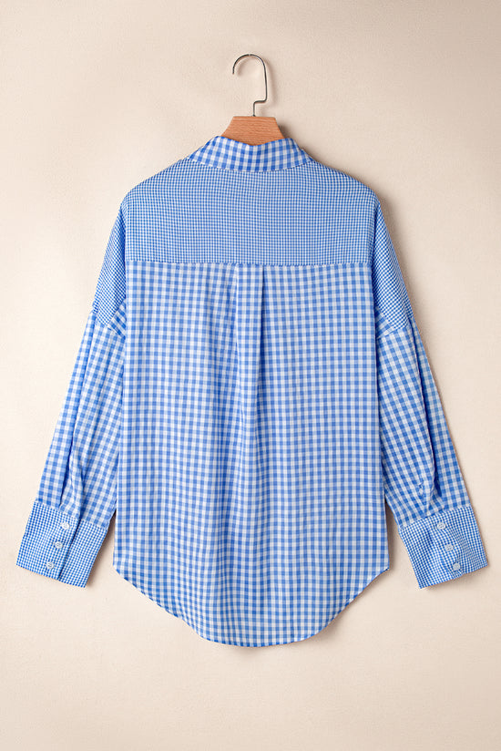 Patchwork plaid blu cielo abbottonata camicia a maniche lunghe *