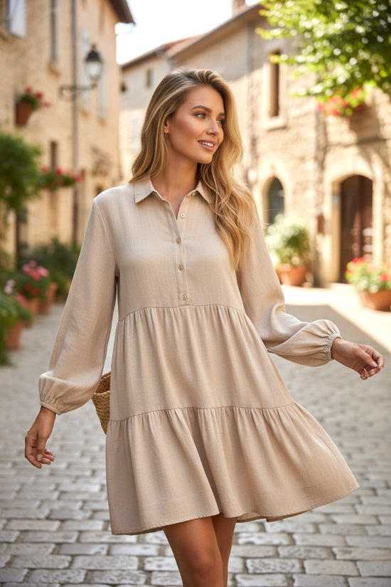 Tan Puff Sleeve Buttoned Tiered Pleated Shirt Mini Dress