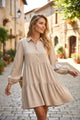Tan Puff Sleeve Buttoned Tiered Pleated Shirt Mini Dress