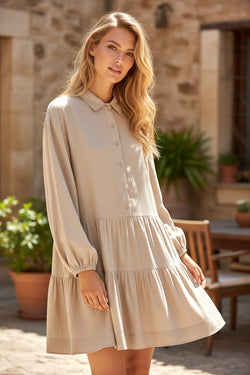 Tan Puff Sleeve Buttoned Tiered Pleated Shirt Mini Dress