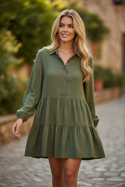 Tan Puff Sleeve Buttoned Tiered Pleated Shirt Mini Dress