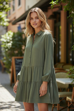 Tan Puff Sleeve Buttoned Tiered Pleated Shirt Mini Dress