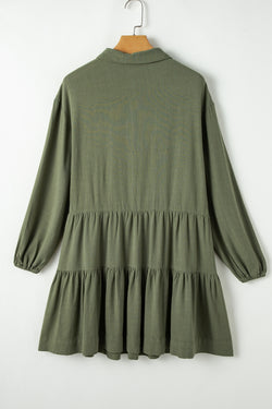 Tan Puff Sleeve Buttoned Tiered Pleated Shirt Mini Dress