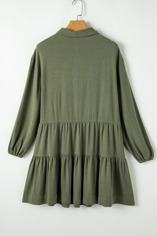 Tan Puff Sleeve Buttoned Tiered Pleated Shirt Mini Dress