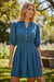 Prussian Blue 3/4 Sleeve Shirred High Waist Buttoned Mini Dress
