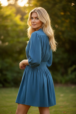Prussian Blue 3/4 Sleeve Shirred High Waist Buttoned Mini Dress