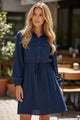 Navy Blue Solid Chest Pockets Tunic Shirt Mini Dress *