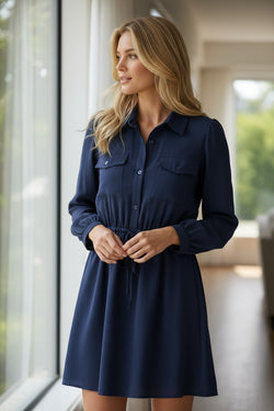 Navy Blue Solid Chest Pockets Tunic Shirt Mini Dress *