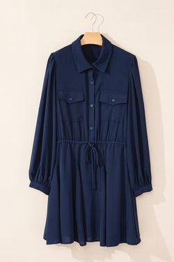 Navy Blue Solid Chest Pockets Tunic Shirt Mini Dress *