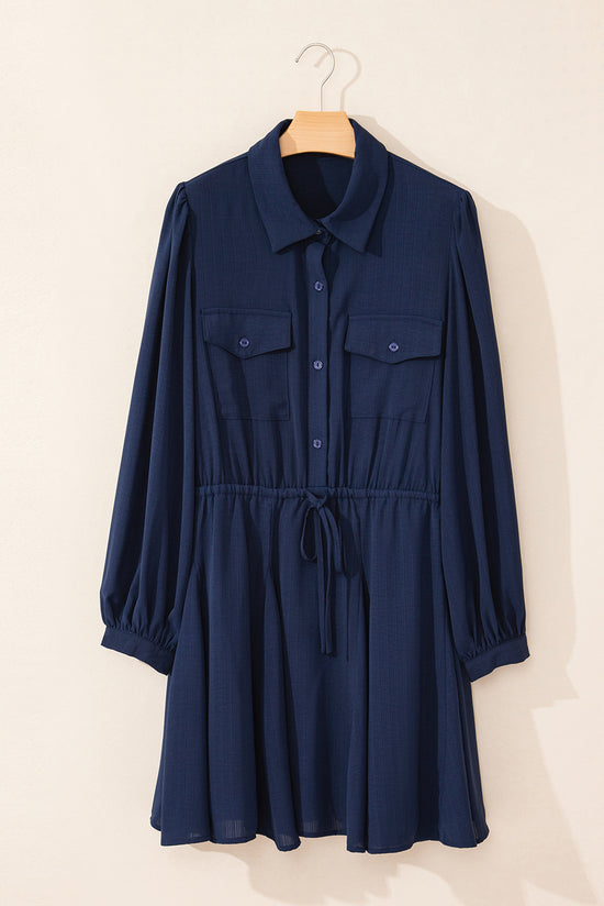 Navy Blue Solid Chest Pockets Tunic Shirt Mini Dress *