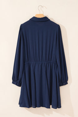 Navy Blue Solid Chest Pockets Tunic Shirt Mini Dress *
