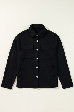 Dark Khaki Solid Color Corduroy Buttoned Long Sleeve Shacket