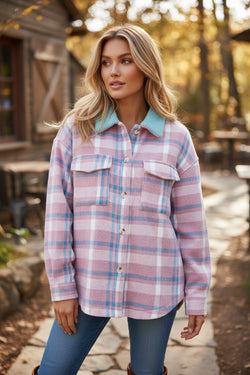 Pink Plaid Print Color Block Collared Flap Pockets Loose Shacket