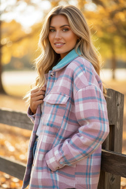 Pink Plaid Print Color Block Collared Flap Pockets Loose Shacket