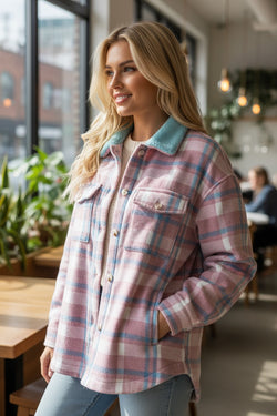 Pink Plaid Print Color Block Collared Flap Pockets Loose Shacket