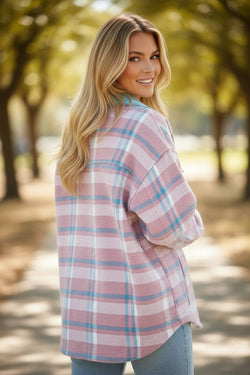 Pink Plaid Print Color Block Collared Flap Pockets Loose Shacket