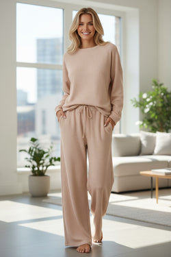 Parchment Textured Long Sleeve T Shirt and Pants Lounge Set
