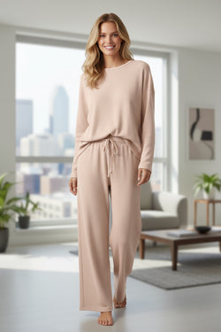 Parchment Textured Long Sleeve T Shirt and Pants Lounge Set