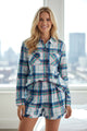 Blue Plaid Print Shirt and Shorts 2Pcs Lounge Set