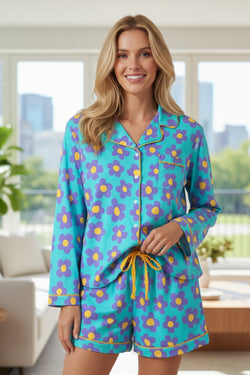 Green Flower Print Long Sleeve Shirt Shorts Pajamas Set