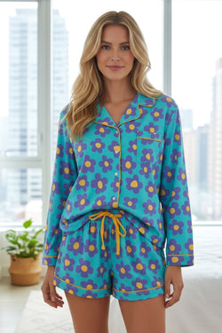 Green Flower Print Long Sleeve Shirt Shorts Pajamas Set