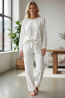 Light Grey Leopard Textured Loose Fit Fleece Lounge Set