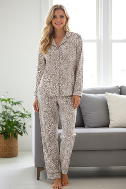 White Leopard Print Long Sleeve and Pants Pajamas Set