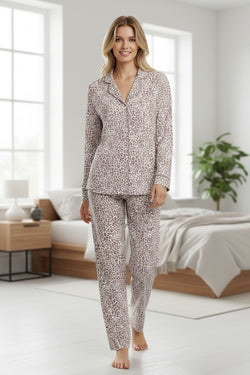 White Leopard Print Long Sleeve and Pants Pajamas Set