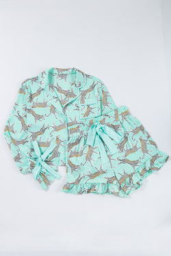 Green Leopard Satin Ruffle Pajama Short Set