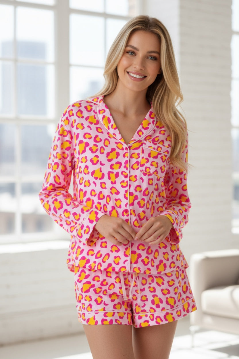 Orange Leopard Print Long Sleeve Shirt and Shorts Pajama Set