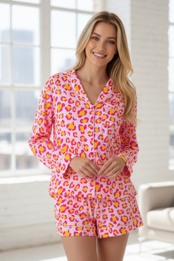 Orange Leopard Print Long Sleeve Shirt and Shorts Pajama Set