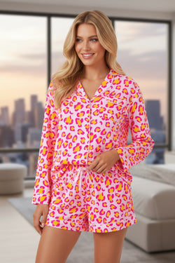Orange Leopard Print Long Sleeve Shirt and Shorts Pajama Set