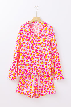 Orange Leopard Print Long Sleeve Shirt and Shorts Pajama Set