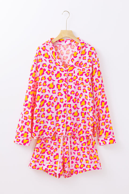 Orange Leopard Print Long Sleeve Shirt and Shorts Pajama Set