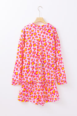 Orange Leopard Print Long Sleeve Shirt and Shorts Pajama Set