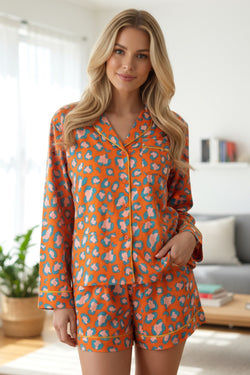 Orange Leopard Print Long Sleeve Shirt and Shorts Pajama Set