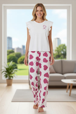 Pink Ruffled Tank Top And Heart Print Pants Lounge Set