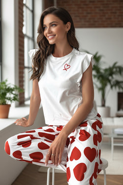 Pink Ruffled Tank Top And Heart Print Pants Lounge Set